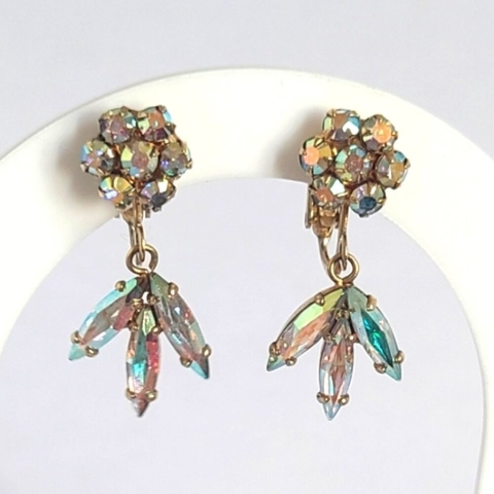 Vintage SHERMAN Aurora Borealis Crystal Gold Flower Drop Dangle Clip-On Earrings